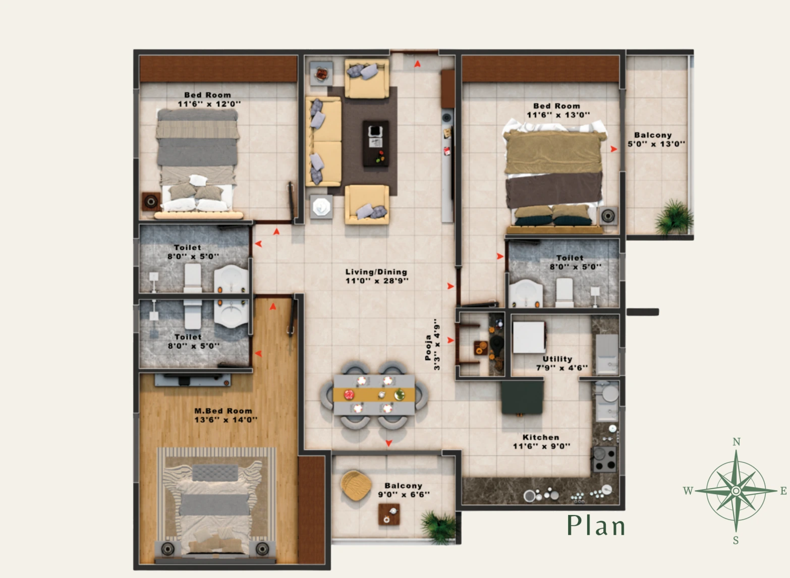 Original Variant 4 floor plan — 3 BHK, 1,711 sq. ft.