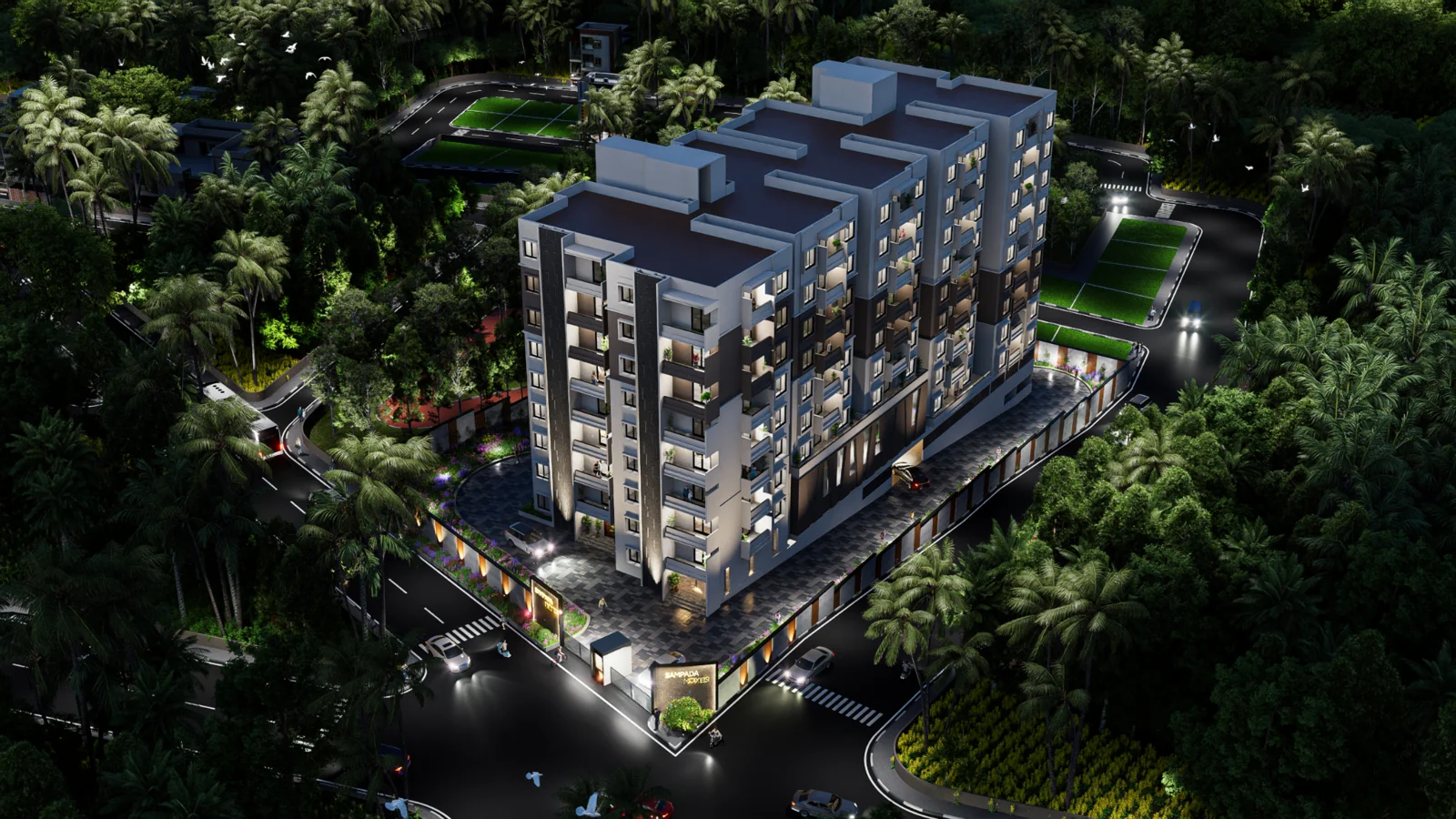 Gardens of Brindavanam aerial architectural impression at night